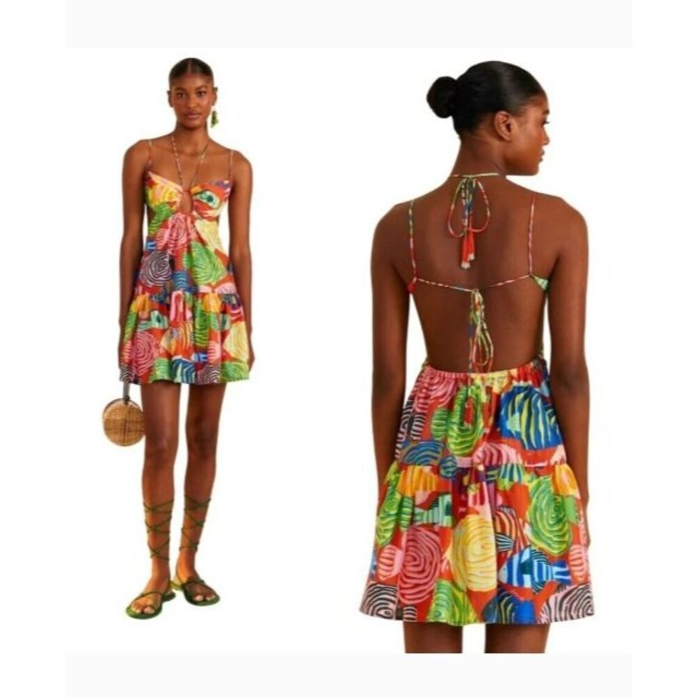 Farm Rio Stripe Fishes Mini Dress Womens Size XL Open Back Strappy Tropical Boho